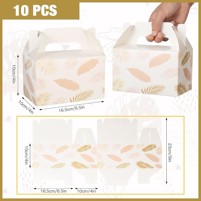 10 PCS Party Favor Treat Boxes, 6.5 x 4 x 4 Inches Gable Box with Handle, Goodie Boxes for Sweets, Candy, Cookie, Summer Picnic, Mother's Day, Outdoor Wedding, Baby Shower, Graduation, White Leaf
