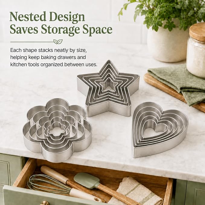 15-Piece Stainless Steel Cookie Cutters Set, Flower Heart & Star Shapes in 5 Sizes Each, Reusable Metal Baking Molds for Cookies, Fondant, Cakes, Pie Crusts, Sandwiches, Fruit, Cheese & DIY Crafts