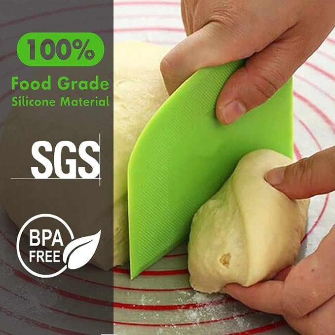 SURDOCA Dough Scraper Bench Scraper - 3P 10.6x6.7" Plastic Flexible Bowl Scraper, Sharp Edge & Angles Cake Scraper. Non-Slip Bakeware Decorating Tools Sculpting & Modeling Tools - Green+Pink+Green
