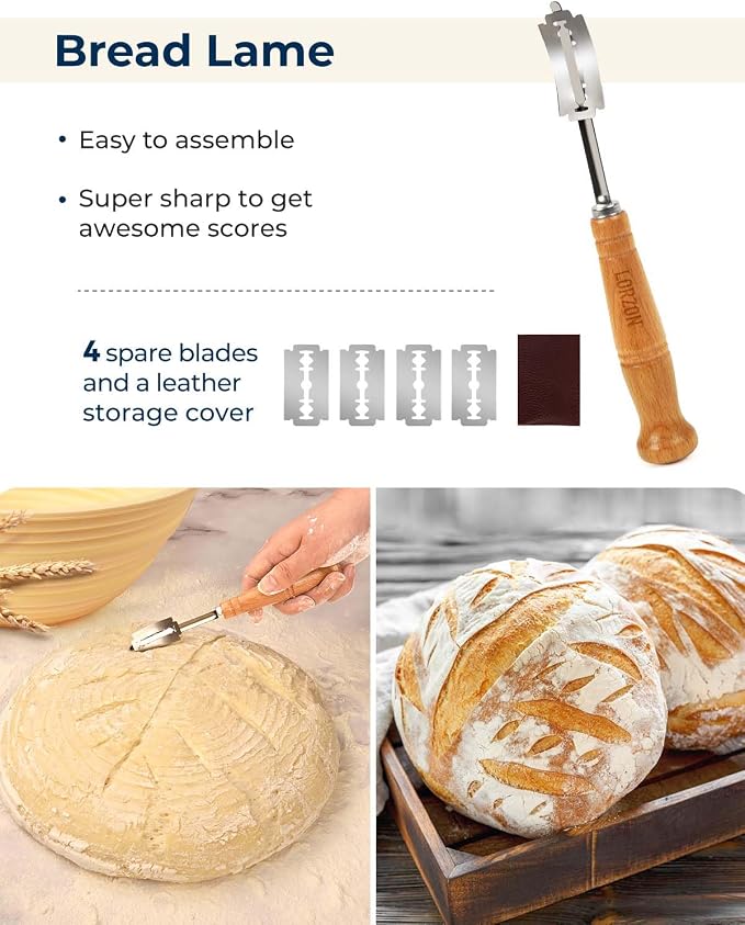 Lorzon Silicone Banneton Bread Proofing Baskets Set of 2, 9" Round & 10" Oval Foldable Sourdough Proofing Baskets with Sourdough Bread Baking Supplies, Including Bread Lame, Dough Scraper