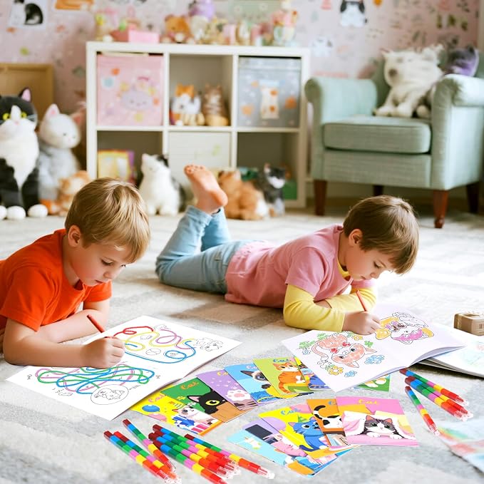 BenLouis 12 Cat Mini Coloring Books Kids with 12 Stacking Crayons Cute Kitten Small Party Favors Small Activity Books Bulk for Kids Pet Party Gift Goodie Bag Stuffers