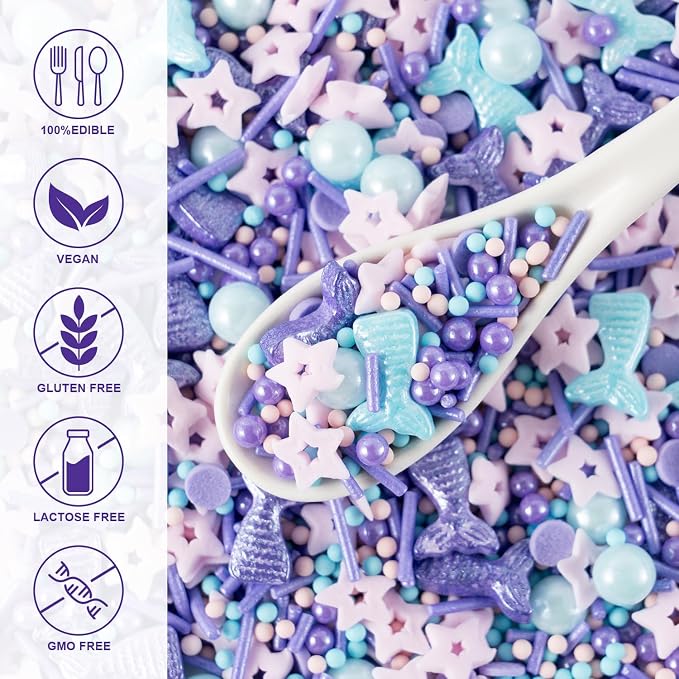 Mermaid Sprinkle Mix 4.2oz Edible Pearls Sugar Stars sprinkles Summer Ocean Sprinkles for Cake Decorations, Baking, Ice Cream, Cookies, Cupcake Topper Candy, Chocolate, Parties