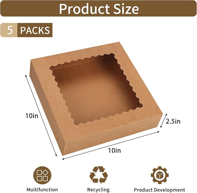 Moretoes 5pcs Pie Boxes, 10x10x2.5 Bakery Boxes with Window, Auto-Popup Brown Bakery Boxes for Pies, for Dessert, Donuts, Muffins