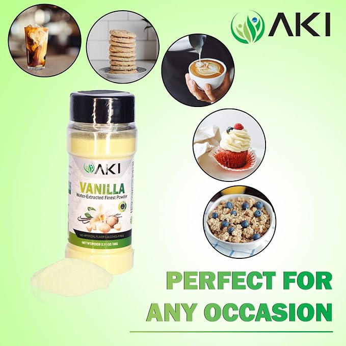 AKI Vanilla Water Extracted Powder From Authentic Beans for Flavoring, Cooking, Baking & Smoothies - Sugar Free & Alcohol Free - Added 2% Monk Fruit Sweetener - Non-GMO & Vegan (2.11oz/60g)