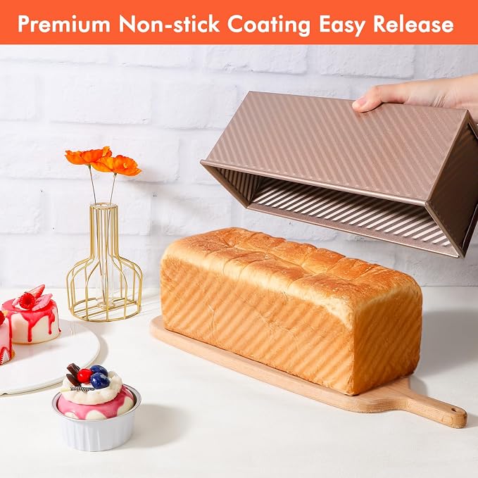 Beasea 2lb Pullman Loaf Pan with Lid, 1 Pack 12x4inch Large Bread Loaf Pans Carbon Steel Toast Box with Dough Scraper Set for Homemade Bread Bakeware Oven Baking - Rose Gold