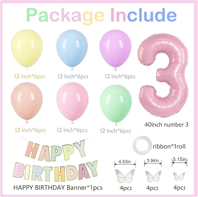 Pastel 3rd Birthday Decorations for Girls -12 inch Pastel Balloons, 40 Inch Pink 3 Balloons, 3D Butterflies Stickers, Happy Birthday Banner For Baby Girl 3 Year Old Birthday Decorations Girl