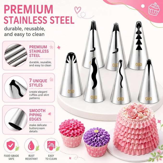 7 Pcs Pleated Skirt Piping Tips, Stainless Steel | Russian Nozzles Tips Piping, For Pastry Fondant Cookie And Birthday Cake DIY Cream Baking Tools