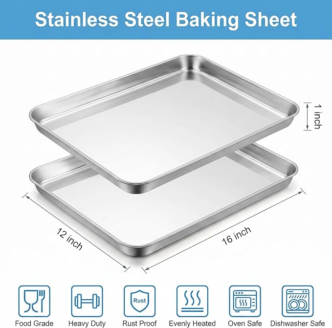 TeamFar Baking Sheet Set of 2, 16"x 12"x 1" Stainless Steel Baking Pans Tray Cookie Sheet, Non Toxic & Healthy, Mirror Finish & Rust Proof, Easy Clean & Dishwasher Safe