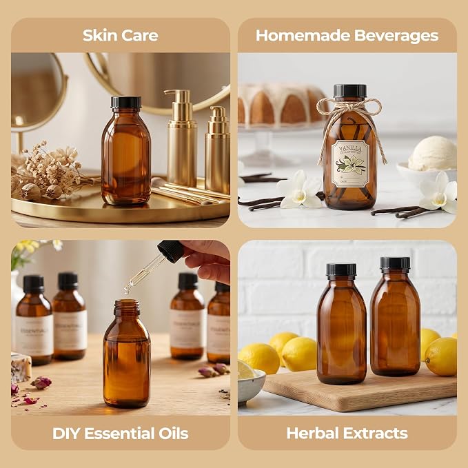 8 Pack 4 OZ Amber Glass Bottles with Lids, Vanilla Extract Bottles Empty Boston Glass Bottles for Homemade Vanilla Extract, Essential Oils, Juice, Potion, Syrup, Liquids, Christmas Gift