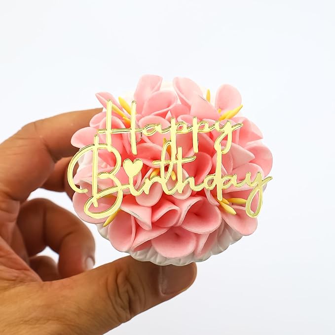Happy Birthday Cake Topper, Gold Mirror Acrylic, 12 Pieces, Cupcake Party Decorations