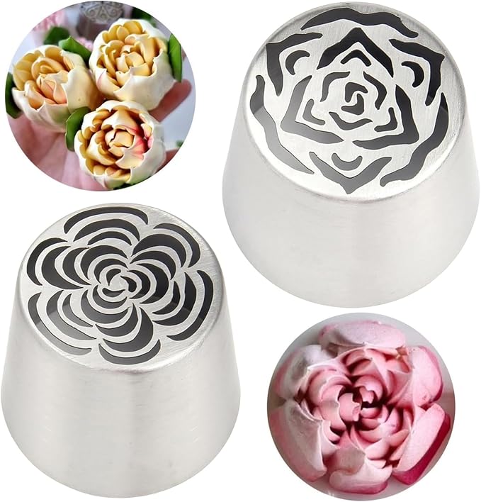 BENBOR 2PCS Russian Piping Tips,Flower Frosting Nozzles Icing Tips,Stainless Steel Rose Floral Piping Nozzles,Cake Decorating Nozzles Kitchen Gadgets for DIY Cupcakes Dessert Silver