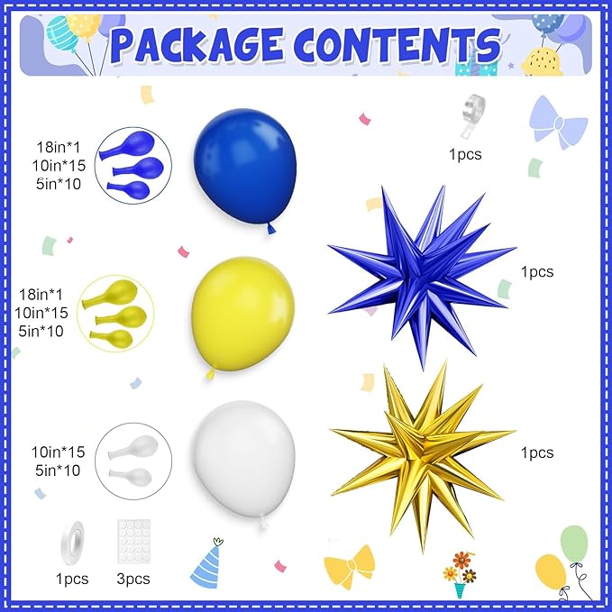 Blue Yellow Balloon Arch Kit, Royal Blue and Yellow White Balloons Garland Kit with 4D Foil Star Balloons, yellow blue Balloon for Baby Shower Anniversary Birthday Wedding Graduation Party Decoration