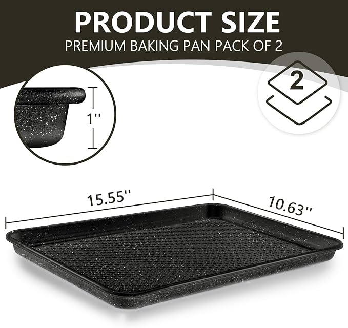 Wildone Baking Sheet Pan Set, Honeycomb Embossed Nonstick Baking Sheet 15x10 In, Thicker Carbon Steel Cookie Sheet, Even Heating Jelly Roll Pan, Black, 2 Pack