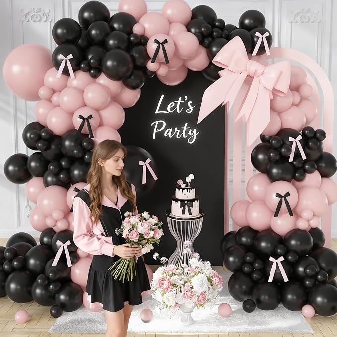 Pink Black Balloon Garland Arch Kit, 172Pcs Pink and Black Balloons for Coquette Birthday Wedding Baby Shower Bridal Shower Graduation Prom Party Decorations with Bows