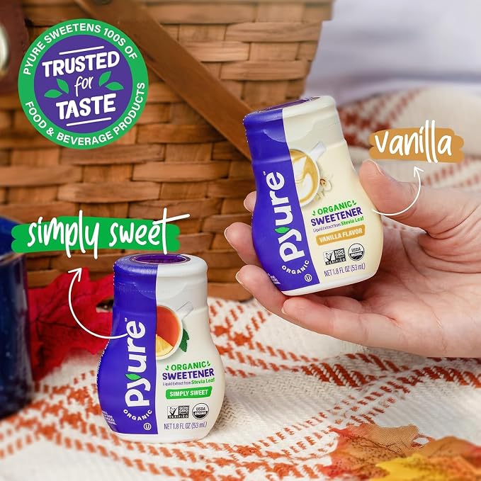 Pyure Organic Vanilla Stevia Liquid Sweetener, Sugar-Free Stevia Drops, Keto Sugar Substitute, Zero Calorie,Zero-Carb, Zero-Sugar, Liquid Sweetener for Coffee,Tea, Baking, 1.8 fl oz Bottle (Pack of 4)