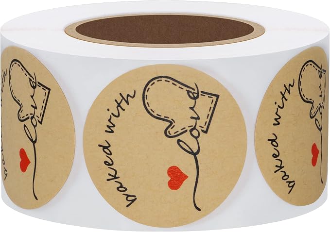 Hybsk Rustic Baked with Love Stickers with Wreath Around 1.5" Inch Round Total 500 Adhesive Labels Per Roll(Kraft)