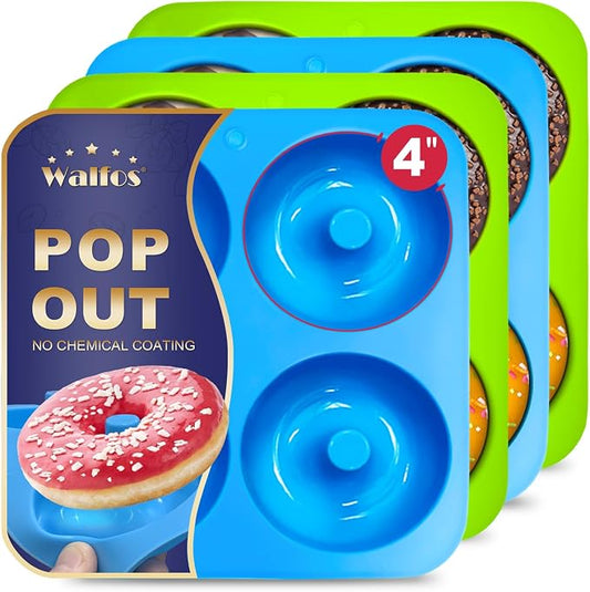 Walfos Full Size Silicone Donut Mold for Baking- 4 Inch Big Size Silicone Doughnut Pan Set for Donut Cake Biscuit Bagels, Heat Resistant, BPA FREE and Dishwasher Safe, Non-Stick, Just Pop Out! (4PK)