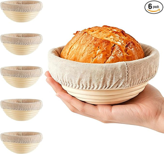 5 Inch Banneton Bread Proofing Basket Set of 6 with Linen Liner Cloth Mini Banneton Basket Proofing Baskets for Traditional Sourdough Bread Bakery Bowls for Professional & Home Bakers