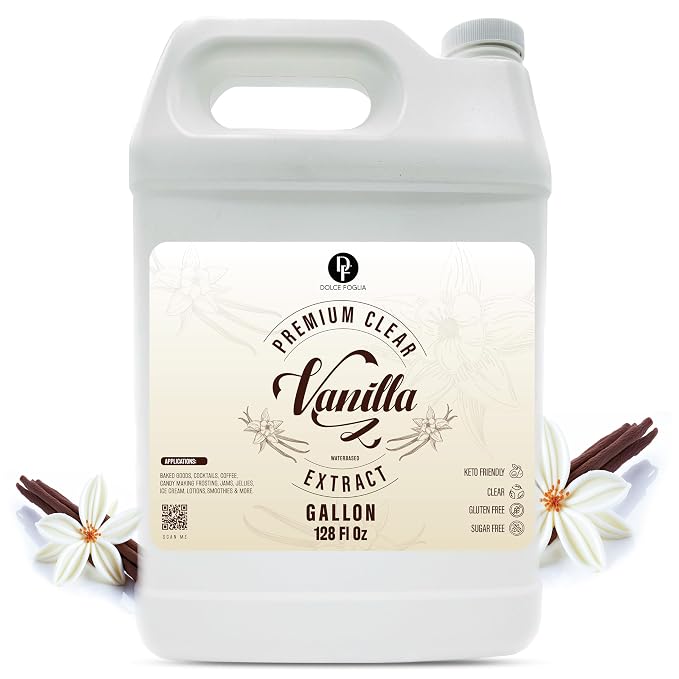 Dolce Flav Natural Water-Soluble Flavor Extracts – Sugar-Free, Kosher, Allergen-Free Concentrated Flavorings for Baking, Desserts, Beverages & More, Clear Double Strength Imitation Vanilla Extract, 1 Gallon