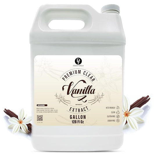 Dolce Flav Natural Water-Soluble Flavor Extracts – Sugar-Free, Kosher, Allergen-Free Concentrated Flavorings for Baking, Desserts, Beverages & More, Clear Double Strength Imitation Vanilla Extract, 1 Gallon