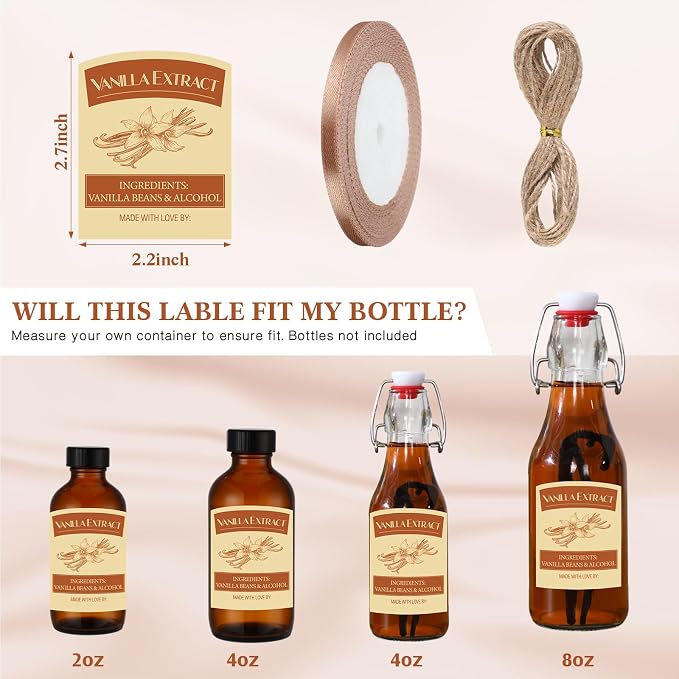 Fulmoon 24 Pcs Vanilla Extract Labels Homemade Vanilla Extract Stickers Bottle Labels with Ribbon Gift Stickers for 4oz, 8oz Handcrafted Bottles Wedding Gifts(Rustic)