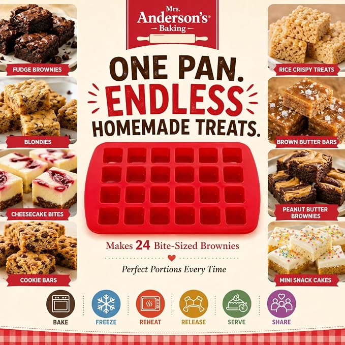 Mrs. Anderson's Baking Silicone Mini Brownie Pan, 24 Cup, European-Grade Silicone Bakeware, For Bite-Sized Brownies And Desserts