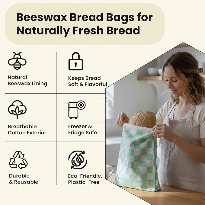 3-Pack Premium Reusable Beeswax Bread Bags (XL, M, S) - Organic Cotton Beeswax Bread Storage Bag for Homemade Bread & Sourdough Freezer-Safe, Breathable & Freshness Support - Eco-Friendly Bread Bag