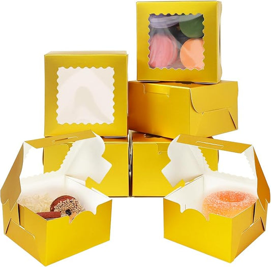 Bakepacker 60pcs Gold Bakery Boxes with Window 4x4x2.5 inches Thick & Sturdy Macaroon Pastry & Cookie Boxes