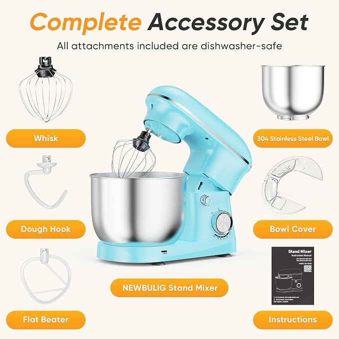 NEWBULIG Stand Mixer, Kitchen Aid Mixers Alternative, 300W 6.3Qt 10-Speed Electric Standing Mixer with Dough Hook, Whisk, Beater & Multi-Cover for Baking, Cakes and Home Cooking Needs