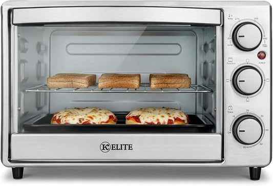 Kitchen Elite Toaster Oven, Compact Countertop Appliance with Bake Tray, Wire Rack, Adjustable Timer, and Temperature Control, Stainless Steel