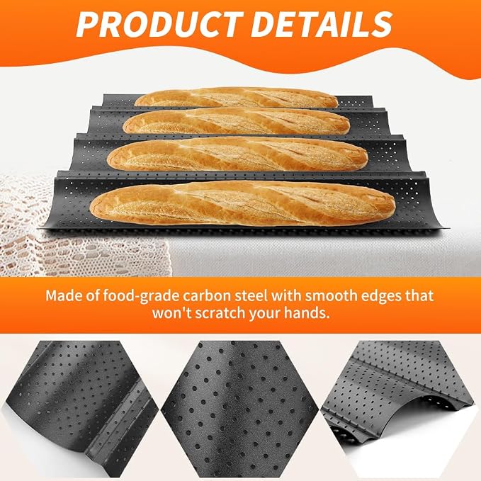 5 Pcs Baguett-e Bread Pan Set,Nonstick 4-Slot Perforated French Breads Baking Pans with Proofing Cloth,Dough Cutter Kit for Home Baker,Baguett-e Tray,15x12 Inch Black Bread Pan