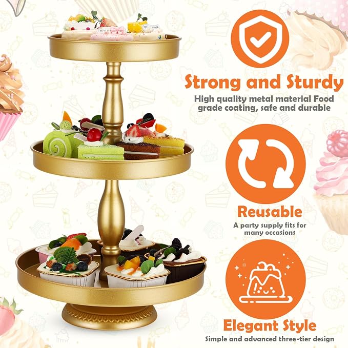 Maxdot 2 Pcs 3 Tier Cupcake Stand Holder, Round Cupcake Stand Serving Tray, Metal Tiered Tray Pastry Dessert Cake Tower Display Stand for Baby Shower Tea Party, Wedding and Birthday (Gold)