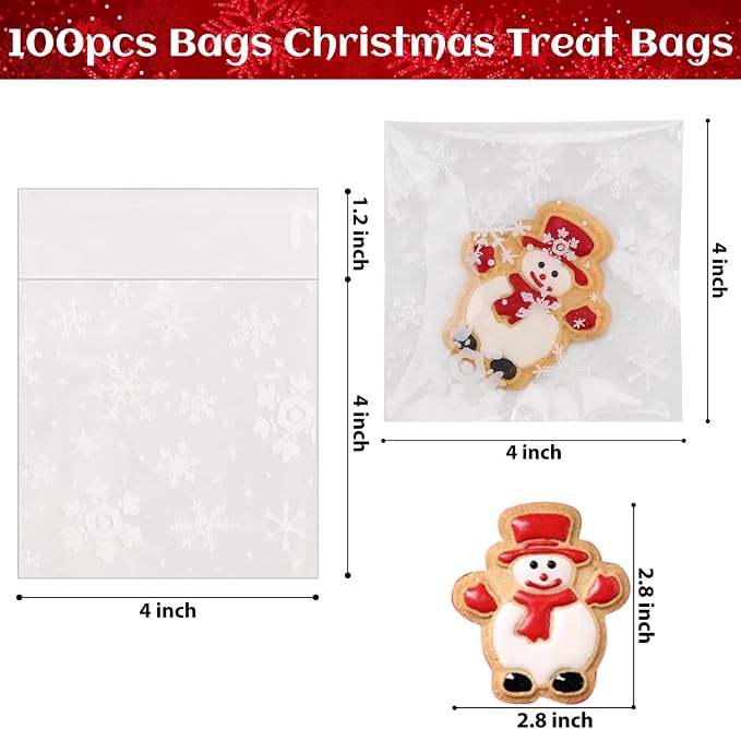 NPLUX 100PACK Christmas Treat Bags Self Adhesive Cookie Bags Snowflake Gift Bag for Christmas Party Favors, Graduation Gift Bags(Clear Snowflake, 3.9x3.9 INCH)