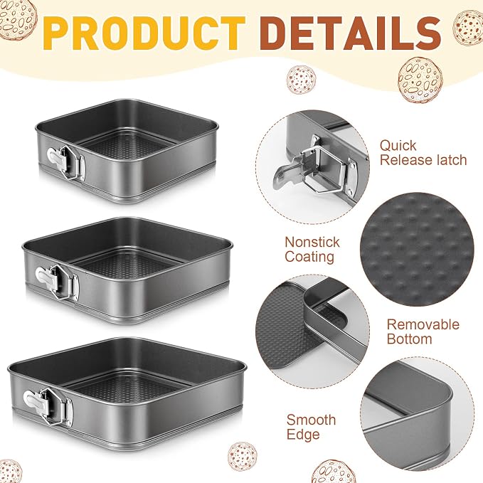 Zubebe Springform Cake Pan Square Non Stick Baking Pan 9.5, 10.2, 11 Inch, Set of 6 Leakproof Square Baking with Removable Bottom Cake Mold for Cheesecake Wedding, 3 Sizes