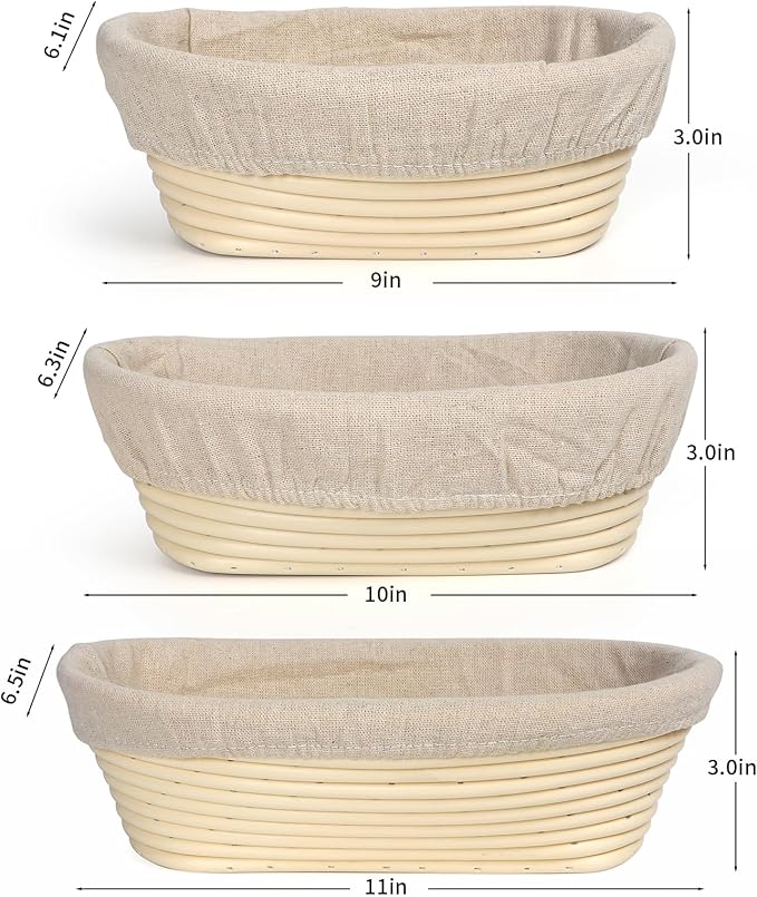 Banneton Bread Proofing Basket Set, 11 Inch Sourdough Proofing Basket and Bread Baking Supplies-Bread Lame, Danish Whisk, Bowl & Dough Scraper, Brush, (Plastic, 9in Oval + 10in Oval+11in)