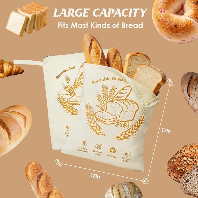 2 Pack Reusable Beeswax Bread Bags with Wide L-Shaped Zipper for Homemade Bread Sourdough - 17x13 Large Organic Cotton Linen Storage Bag - Moisture Lock Keeps Bread Fresh, Easy to Clean