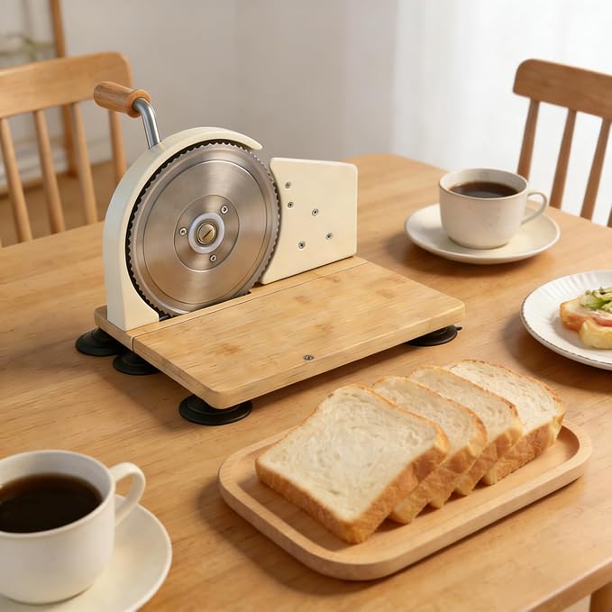 Bread Slicer Machine, Adjustable Thickness Stainless Steel Blade Bread Cutter with 6 Large Suction Cups, Foldable Compact Design Non-Slip Base for Homemade Bread Slicing (Off-white, Wood Base)