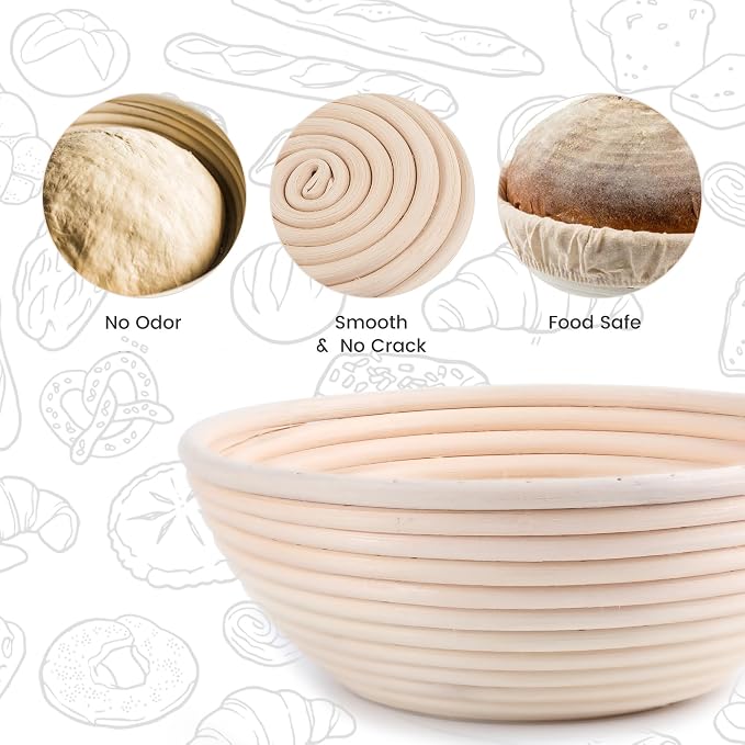 DOYOLLA Round Bread Dough Proofing Rising Rattan Baskets(Set of 2, 9 inch) w/Liners for Home Sourdough Bread Bakers