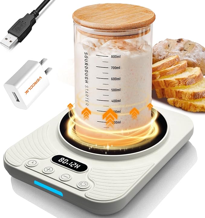 Sourdough Starter Warmer Mat,Temperature Control Range 70°F-110°F, Accurate to 1°F, with Timer Switch Function(0-24 hours),Smart Memory,Powered by USB,Ideal for Home Baking. (White)