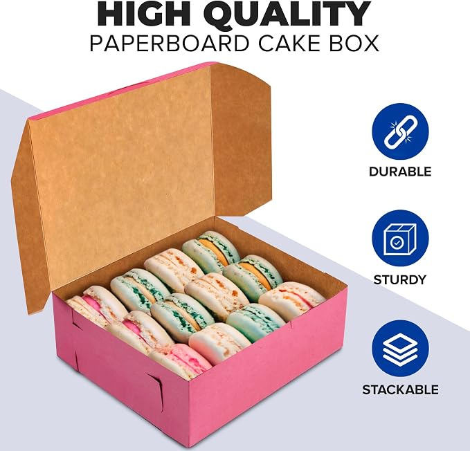 Fit Meal Prep [25 Pack] Pink Bakery Boxes 8x8x4 Pastry Box for Cupcakes, Desserts, Cookies, Candies Ideal Packaging for Bakeries and Home-made Baked Goods, Favors, and Gifts