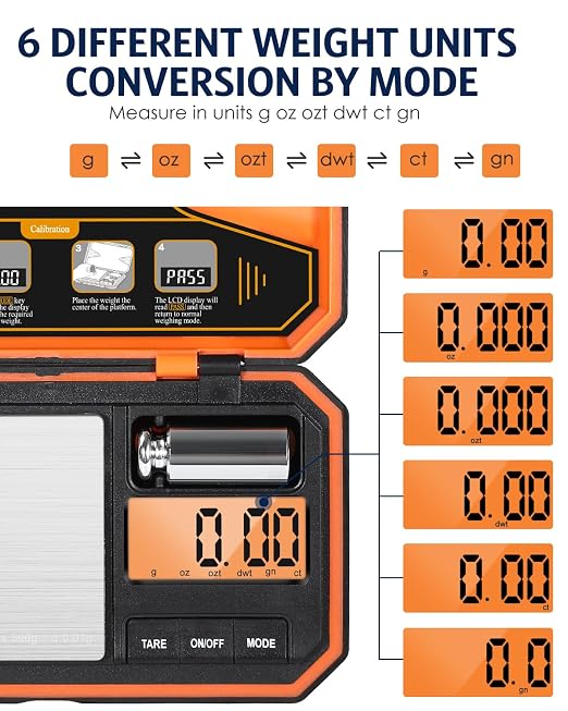 Digital Pocket Scale, High-Precision 500g x 0.01g Gram Scale with 50g Calibration Weight, Mini 6 Units Jewelry Scale with LCD Display, Tare Function for Food, Jewelry, Coin, Coffee, Battery Included