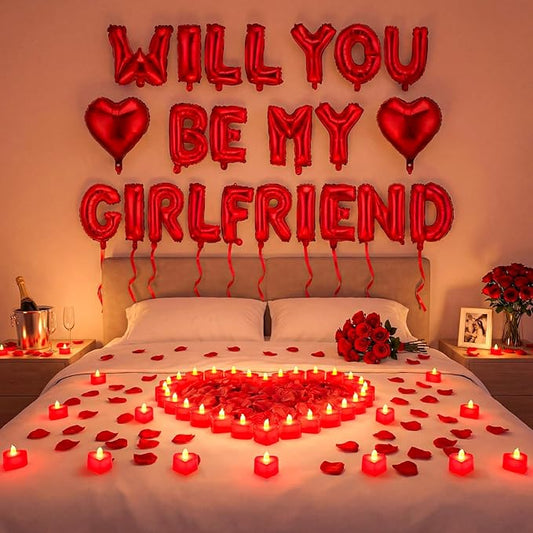 Will You Be My Girlfriend Balloon Proposal Decor 24 LED Flameless Tealight Heart Candle 2000 Artificial Rose Petals Love Balloon for Engagement Wedding Decor Romantic Special Night(Red)