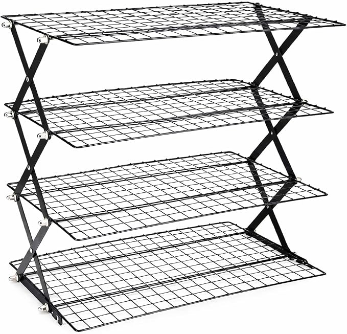 4 Tier Collapsible Cooling Rack for Baking, Adjustable Stackable Wire Cookie Cooling Racks, Space-Saving Foldable Baking Rack with Stable X-Leg Design for Cookies, Cakes, Bread and Pastries