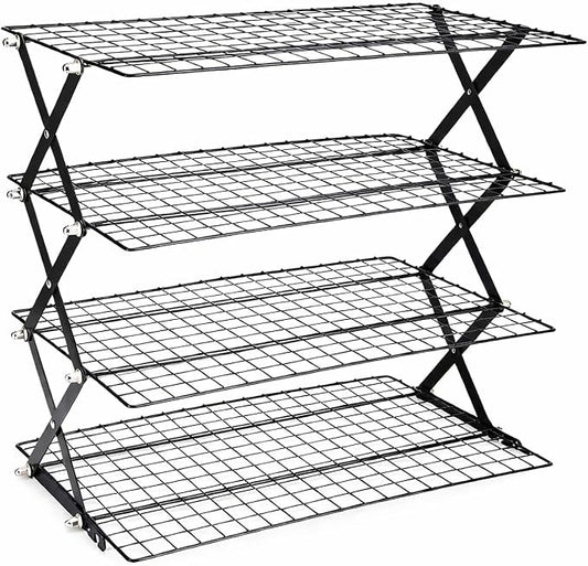 4 Tier Collapsible Cooling Rack for Baking, Adjustable Stackable Wire Cookie Cooling Racks, Space-Saving Foldable Baking Rack with Stable X-Leg Design for Cookies, Cakes, Bread and Pastries