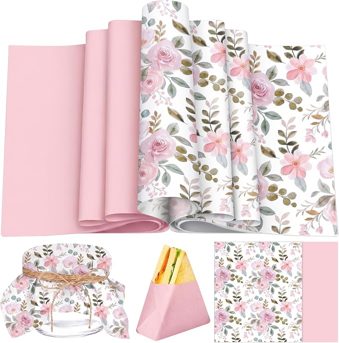 Feifeiya Floral Wax Paper Sheet for Food Chinoiserie Bird Deli Paper Waterproof Sandwich Wrapping Greaseproof Food Basket Liners for Picnic Party Kitchen Supply (200, Pink, Watercolor)