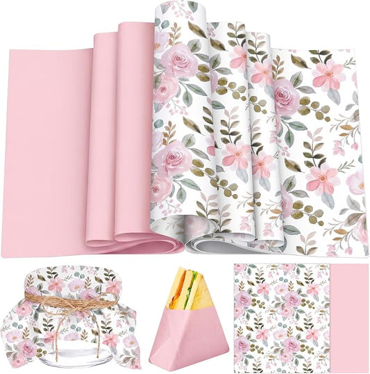 Feifeiya Floral Wax Paper Sheet for Food Chinoiserie Bird Deli Paper Waterproof Sandwich Wrapping Greaseproof Food Basket Liners for Picnic Party Kitchen Supply (200, Pink, Watercolor)