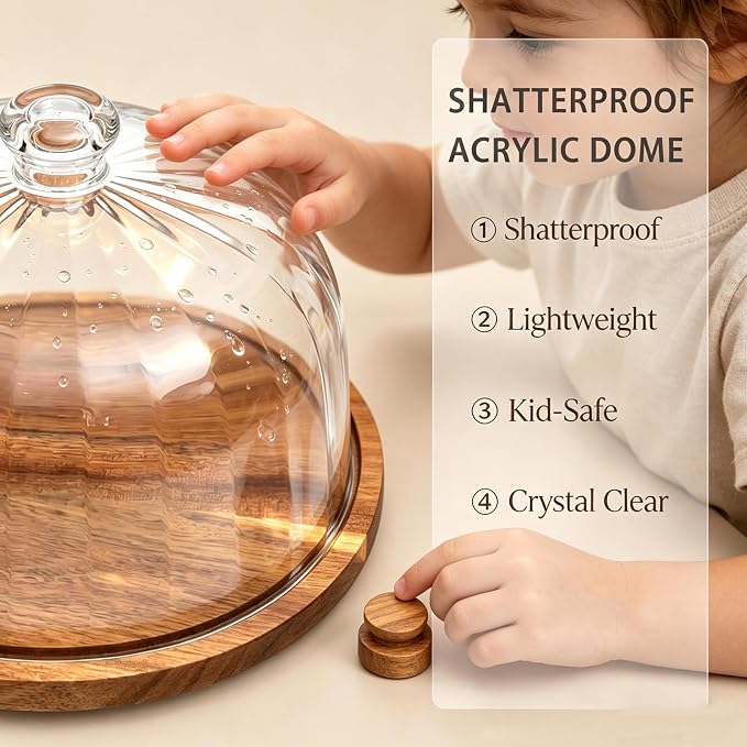 cutesun Cake Stand with Lid, 10.8'' Shatterproof Acrylic Dome (Not Glass), 11.8'' Rotating Acacia Wood Cake Display Stand for Wedding Birthday Party Dessert