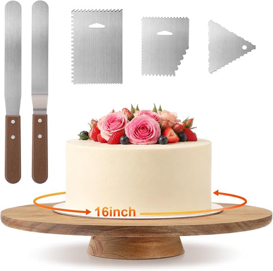 Gisafai 16 Inch Acacia Rotating Cake Stand Rustic Wood Pedestal Stands Turntable with 2 Icing Spatulas 3 Smoothers Wooden Cupcake Dessert Display for Wedding Party Decoration