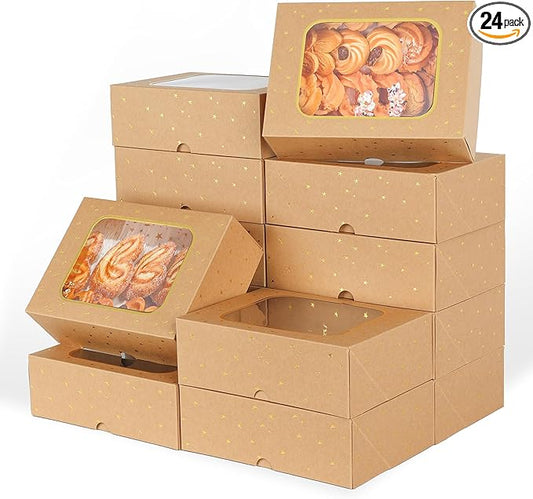 YEKTFS 24 Pcs Gold Star Cookie Boxes,Treat Boxes for Dessert 8.25" x 6" x 2.75" with Window, Bakery Brown Pastry Dessert Boxes for Chocolate Strawberries Muffins Donuts and Party Favor