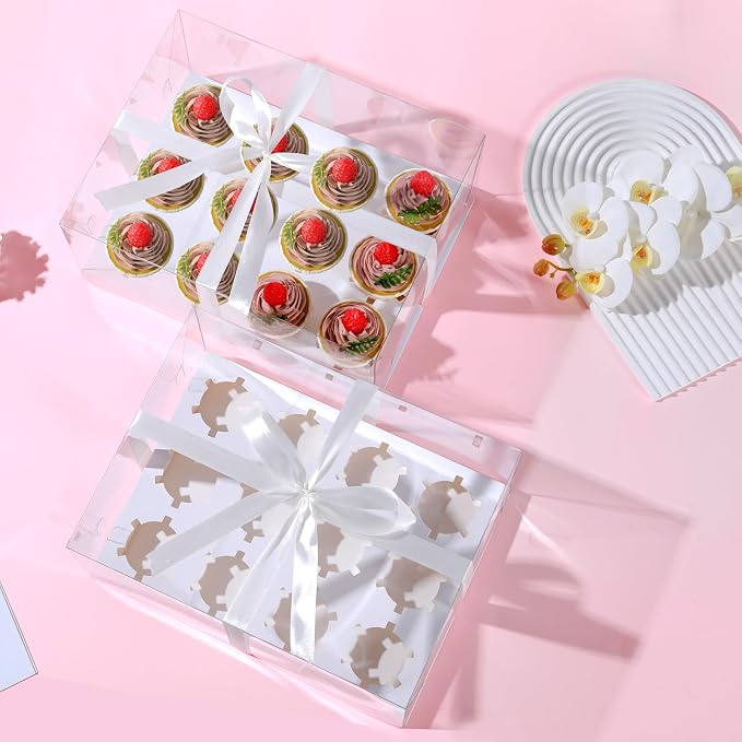 JCD 8 Pack Clear Cupcake Boxes,5.5inches height 12 Counts Cupcake Containers with Gift Ribbon,Bento Boxes with Clear Lid for 12 Cupcakes for Treat Dessert Cookies Muffins Pastry Party (12count/8pcs)